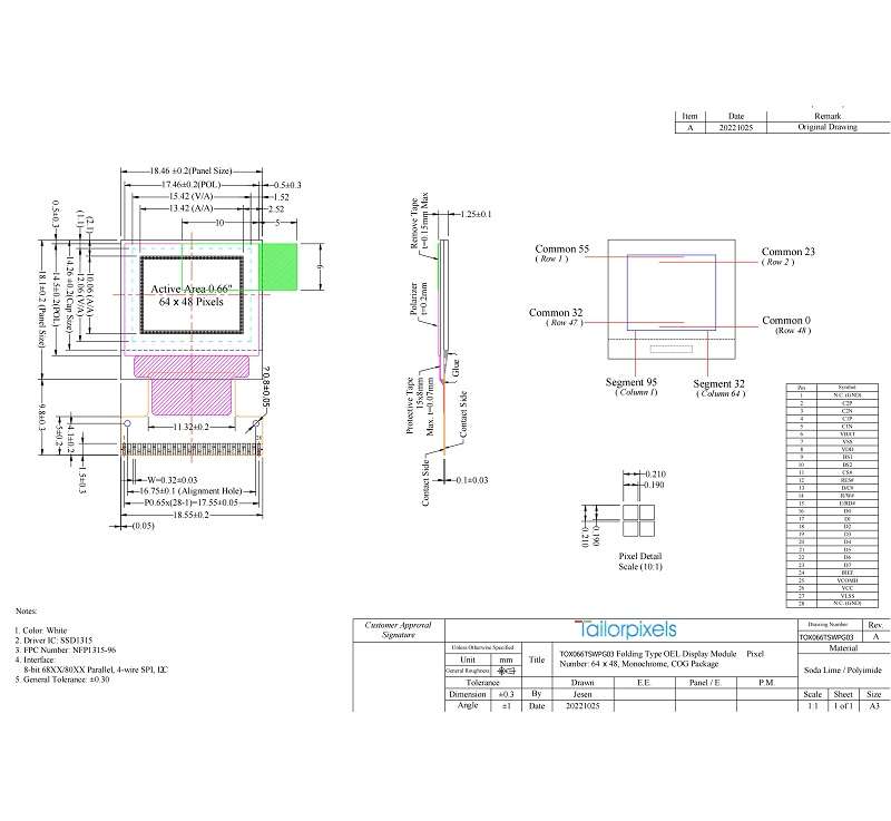 TOX066TSWPG03_0.66 Inch OLED, 64x48, White, I2C, SPI, MCU